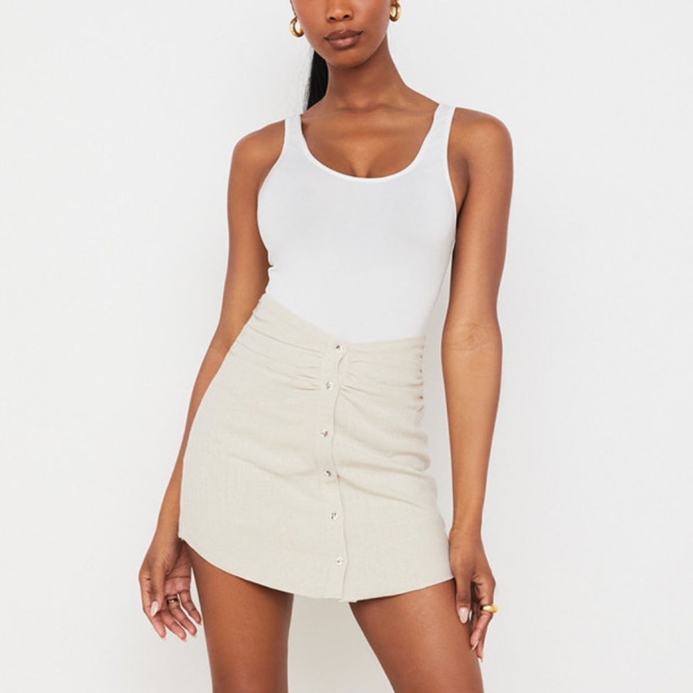House of CB Tayo BEIGE LINEN GATHERED WAIST MINI SKIRT size M